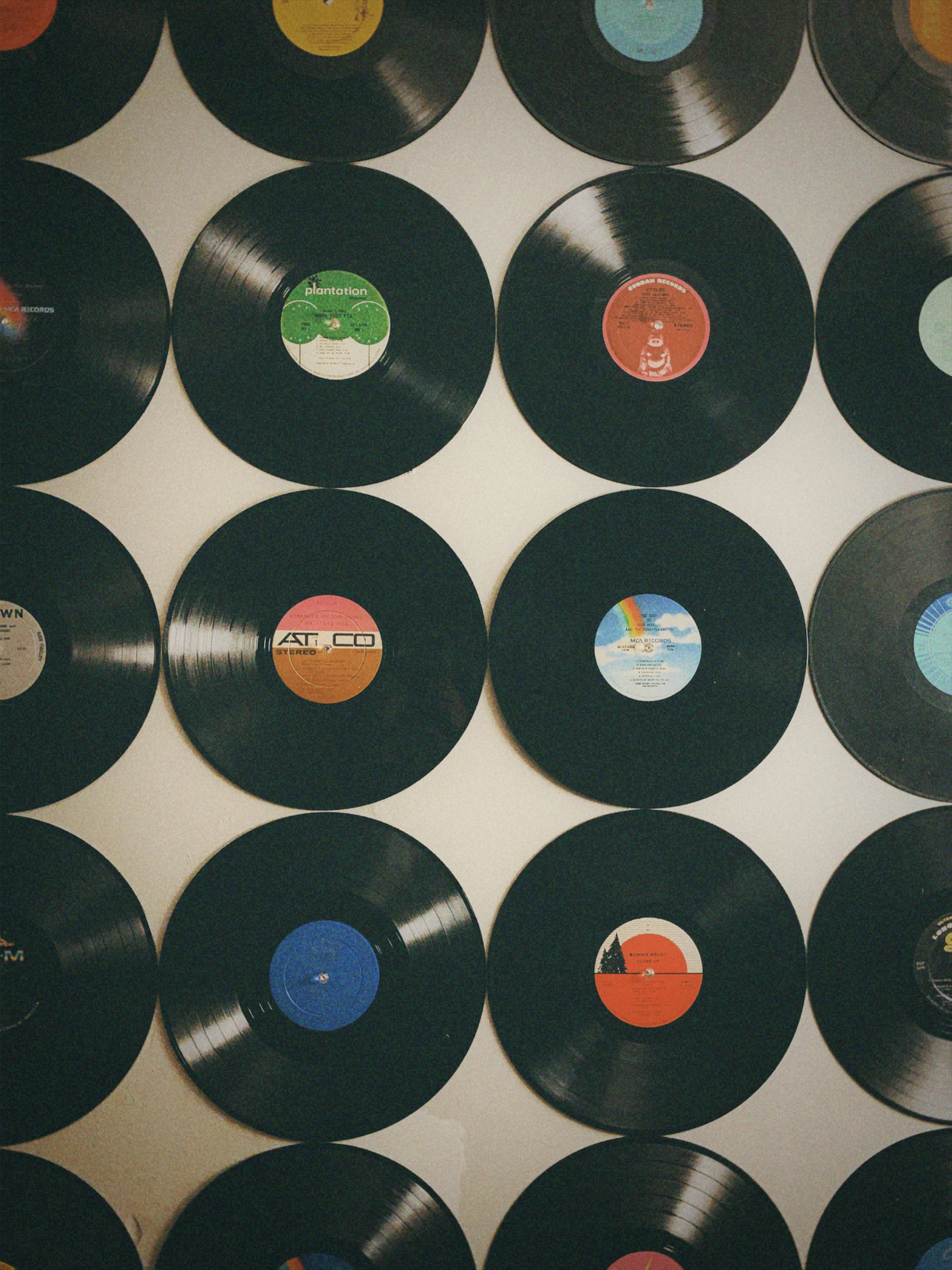 Aesthetic arrangement of vinyl records creates a vintage retro effect.