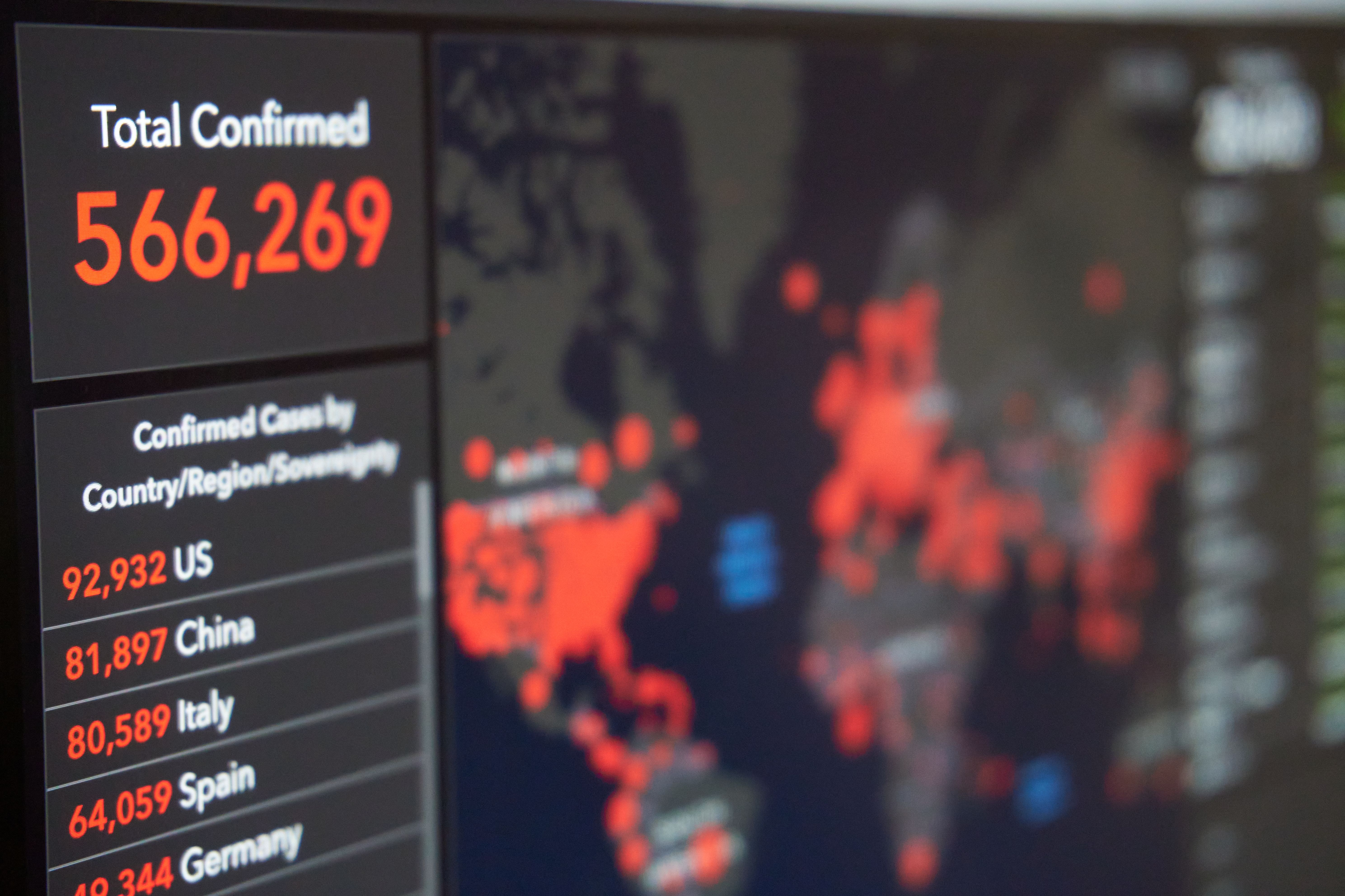 Screen displaying real-time COVID-19 case data with global map and statistics.